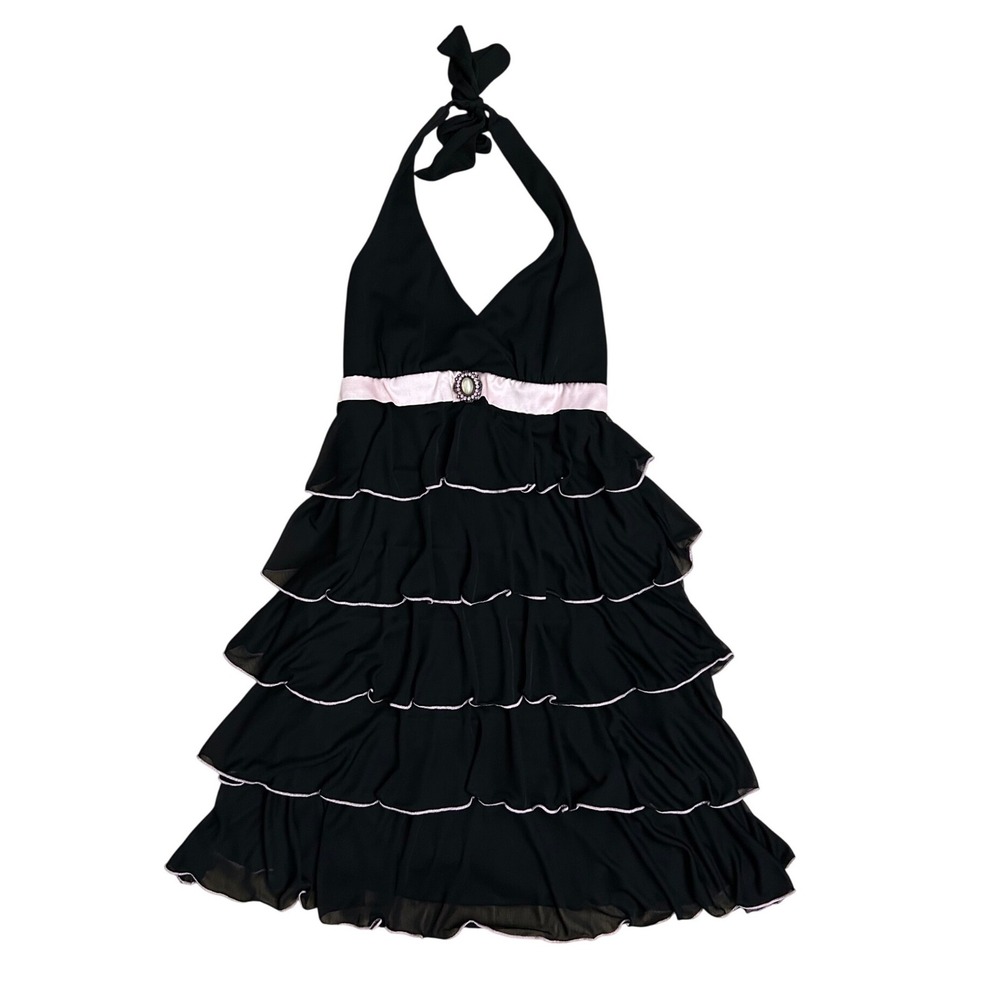 Vintage City Triangles Black Pink Halter Babydoll Ruffle Tiered Dress Y2K M